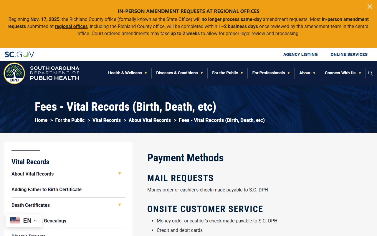 Orangeburg County Clerk of Court vital records fee distinction