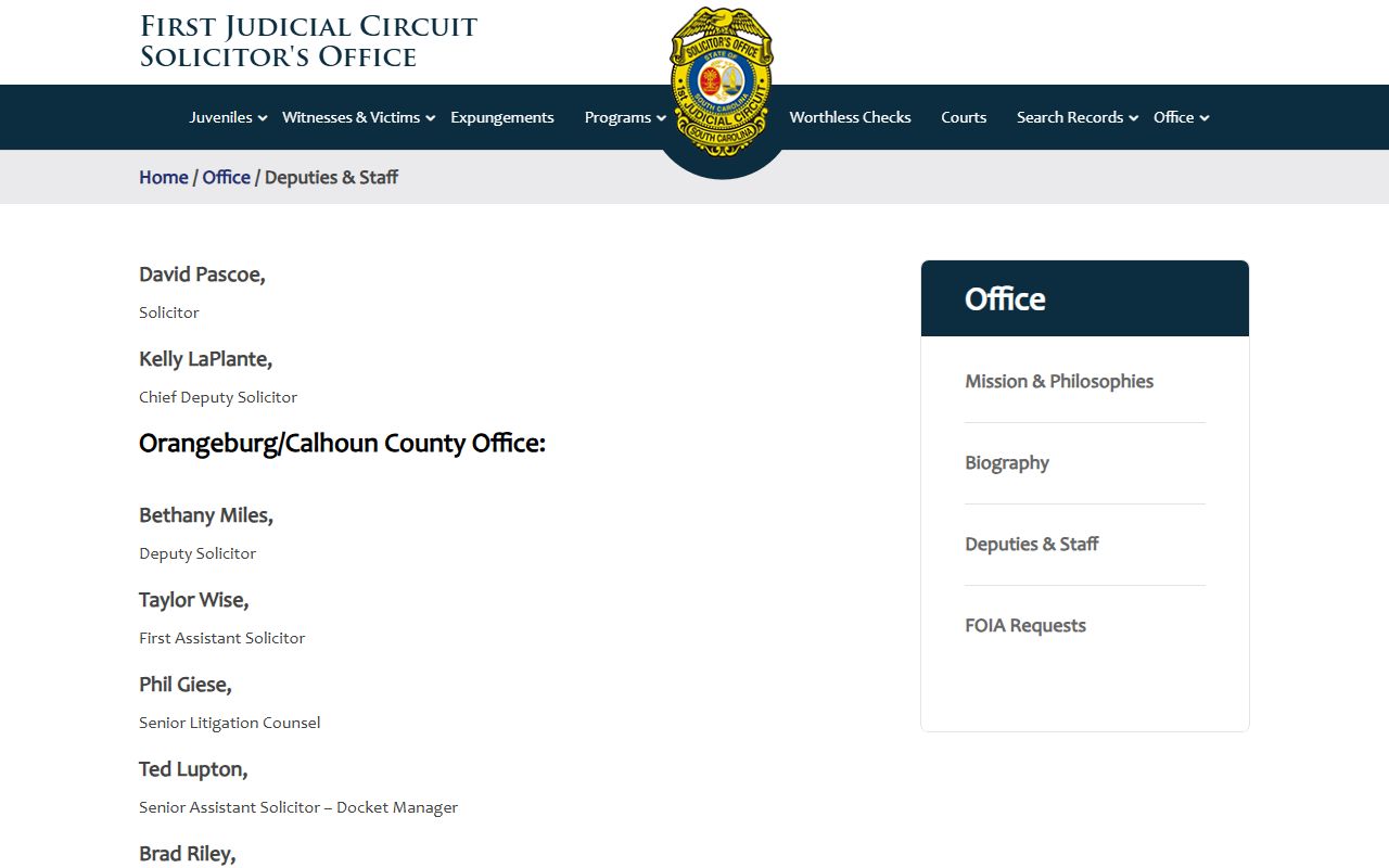 Orangeburg County criminal court records First Circuit Solicitor staff