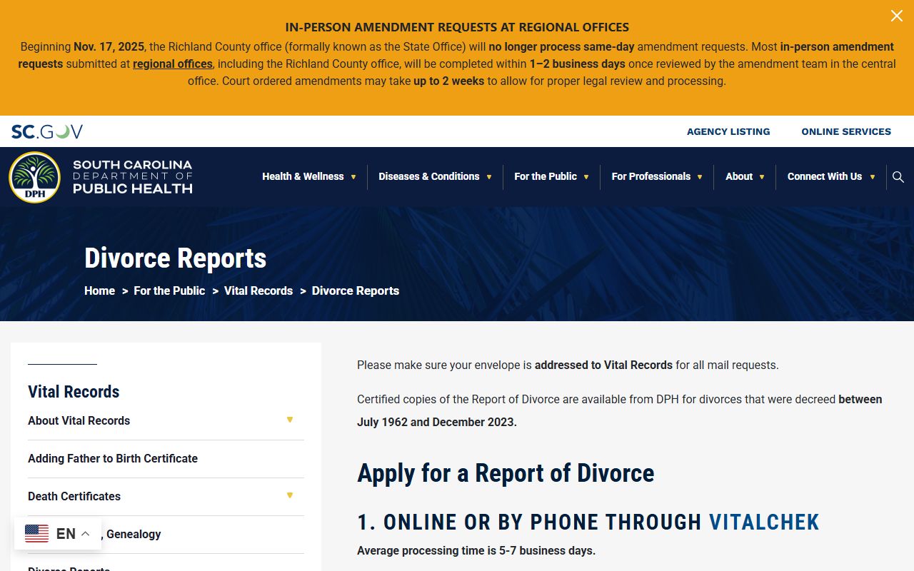 Orangeburg County divorce records DPH divorce reports source