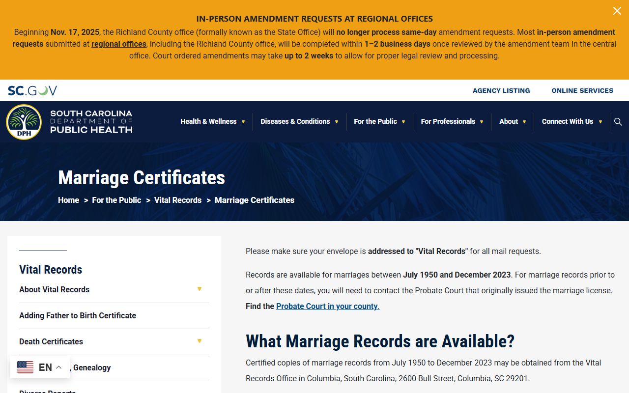 Orangeburg County marriage records DPH marriage certificate source