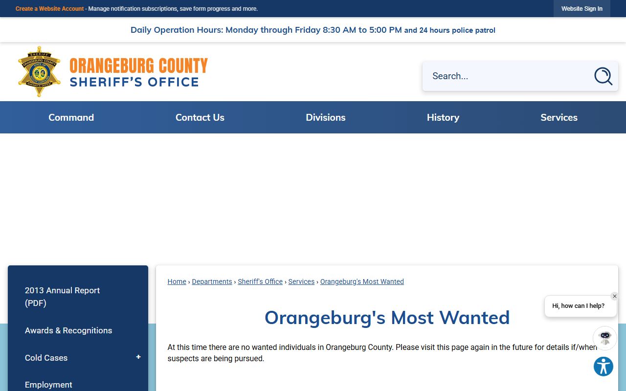 Orangeburg County warrant search Most Wanted page
